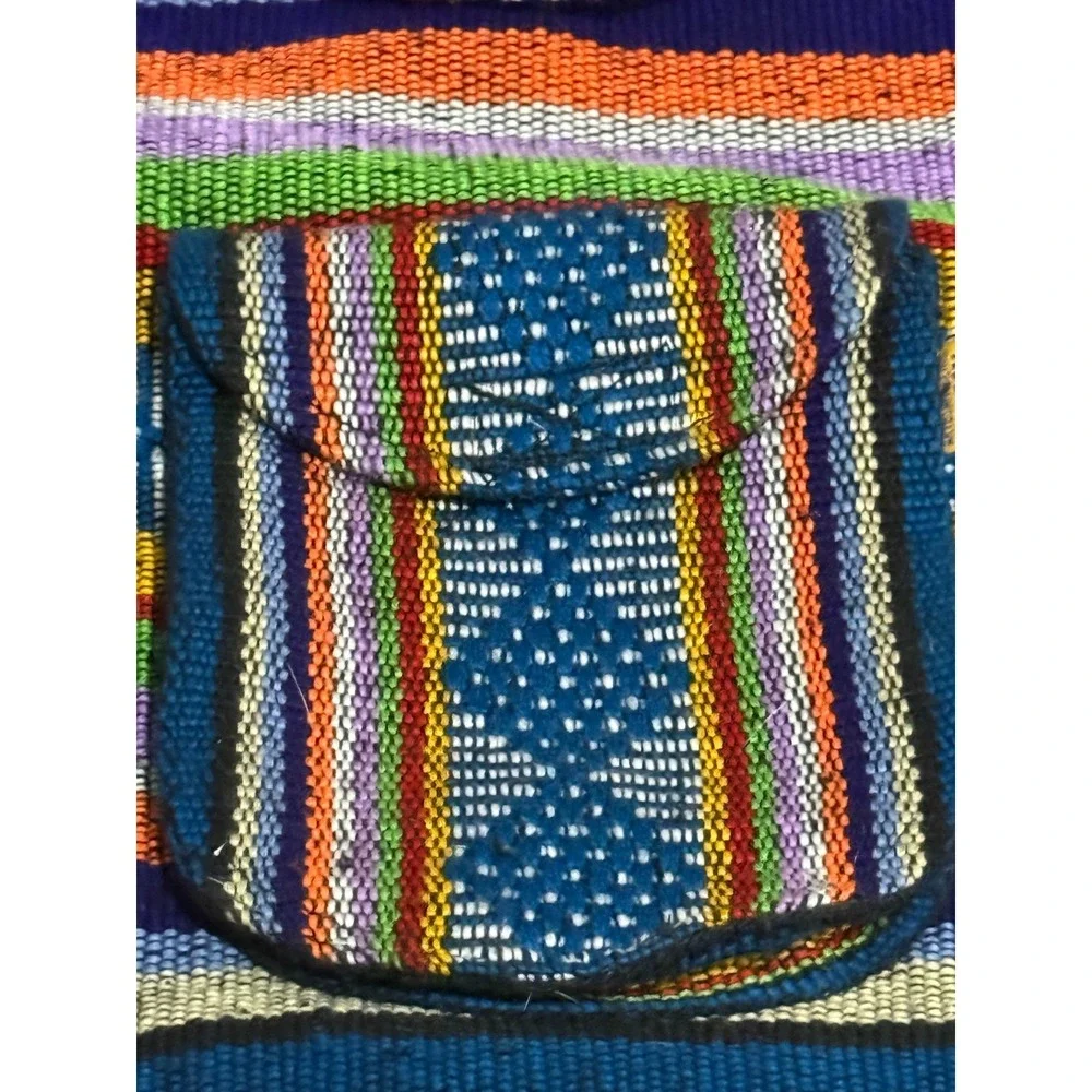 Artesanias Pinzon Woven Drawstring Boho Hippie Bag Beach Backpack Blue Orange